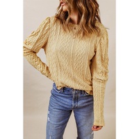 Azura Exchange Puffy Sleeve Khaki Textured Knit Top