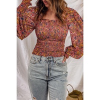 Azura Exchange Smocked Floral Print Long Sleeve Top