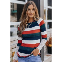 Azura Exchange Striped Lace Splicing Long Sleeve Top