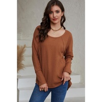 Azura Exchange Waffle Knit Splicing Buttons Long Sleeve Top