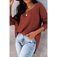Azura Exchange Spliced Waffle Knit Long Sleeve Top with Button Detail