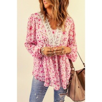 Azura Exchange V Neck Blouse with Floral Print and Lace Patchwork