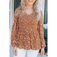 Azura Exchange Floral Print Shirred V Neck Blouse
