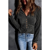 Azura Exchange V Neck Buttons Ruched Long Sleeve Top