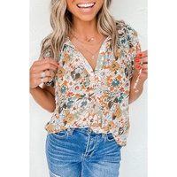 Azura Exchange Multicolor Split V Neck Flower Print Blouse