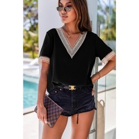 Azura Exchange V-Neck Short Sleeve Blouse with Lace Trim