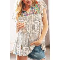 Azura Exchange Geometric Embroidered Spotted Print V Neck Blouse with Tassel Detail