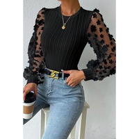 Azura Exchange Textured Knit Blouse with Floral Applique Mesh Sleeves