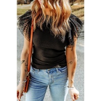 Azura Exchange Mesh Ruffle Sleeve Ribbed Knit Top