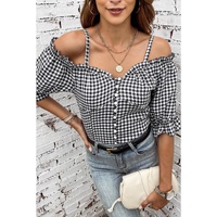Azura Exchange Gingham Cold Shoulder Blouse