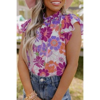 Azura Exchange Flutter Sleeves Floral Top with Stand Collar