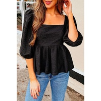 Azura Exchange Textured Square Neck Puff Sleeve Peplum Blouse