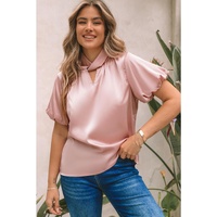 Azura Exchange High Neck Puff Sleeve Satin Blouse