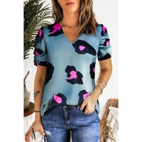 Azura Exchange Leopard Print Ruched Short Sleeve Blouse