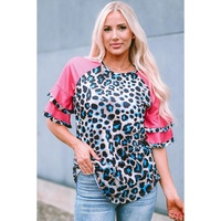 Azura Exchange Layered Ruffle Sleeves Patchwork Leopard Print Blouse