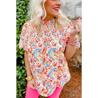 Azura Exchange Abstract Print Smocked Puff Sleeves Blouse