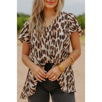 Azura Exchange Leopard/Abstract Print V Neck Top with Flutter Sleeves