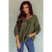 Azura Exchange Textured V Neck Bracelet Sleeve Babydoll Blouse