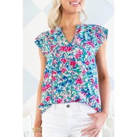 Azura Exchange Pleated Flutter Sleeve Tie V Neck Floral Blouse