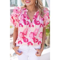 Azura Exchange Ruffled Floral Top with Split Neck and Puff Sleeves