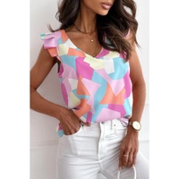 Azura Exchange Geometric Print V-Neck Pleated Cap Sleeve Top
