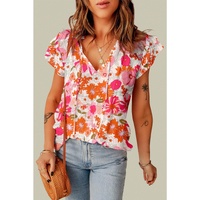 Azura Exchange Floral Ruffle Sleeve Blouse with Split V-Neck