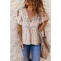 Azura Exchange Crisscross V Neck Ruffle Sleeve Printed Flowy Blouse