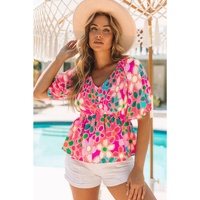 Azura Exchange Flower Print Puff Sleeve Peplum Top