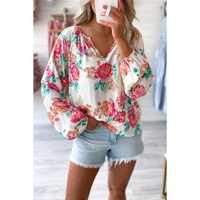 Azura Exchange Pleated Puff Sleeve Blouse with V Neck and Floral Design