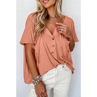 Azura Exchange Textured Loose Top with Notched V Neck and Buttoned Front