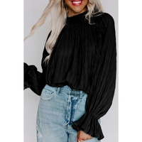 Azura Exchange Black Pleated Flared Cuff Long Sleeve Blouse