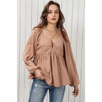 Azura Exchange Notched V-Neck Smocked Back Peplum Blouse