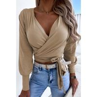 Azura Exchange V-Neck Lantern Sleeve Wrapped Knot Top