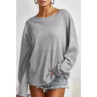 Azura Exchange Gray V Cut Drawstring Back Waffle Knit Top