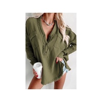 Azura Exchange Crinkle Long Sleeve Distressed Split Henley Top