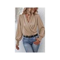 Azura Exchange Draped Surplice Neck Khaki Blouse