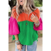 Azura Exchange Crinkle Bubble Sleeve Color Block Blouse