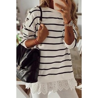 Azura Exchange Striped Button Dropped Shoulder Lace Splicing Top