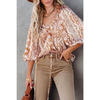 Azura Exchange Printed Drawstring Neckline 3/4 Sleeve Blouse