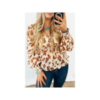 Azura Exchange Leopard Jacquard Puff Sleeve Peplum Blouse