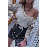 Azura Exchange Sequin Patchwork V Neck Long Sleeve Top