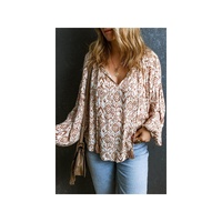 Azura Exchange Western Print Balloon Sleeve Tassel Blouse