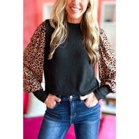 Azura Exchange Leopard Print Long Sleeve Ribbed Knit Blouse