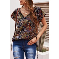 Azura Exchange Printed V-neck Flutter Sleeve Blouse