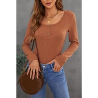 Azura Exchange Ribbed Knit Long Sleeve Top with Crewneck and Buttons