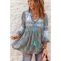 Azura Exchange Bubble Sleeve Floral Patchwork Blouse