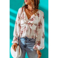 Azura Exchange V Neck Balloon Sleeve Twist Front Floral Blouse