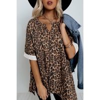 Azura Exchange Loose Leopard Top with V Notch Rolled Cuffs
