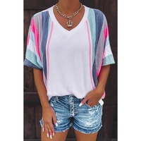 Azura Exchange Patchwork V Neck T-Shirt with Stripe Detail
