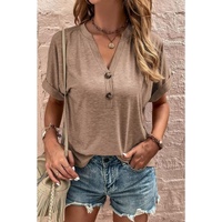 Azura Exchange Button V Neck Rolled Short Sleeve T Shirt